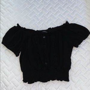 Off the shoulder shirred buttoned top